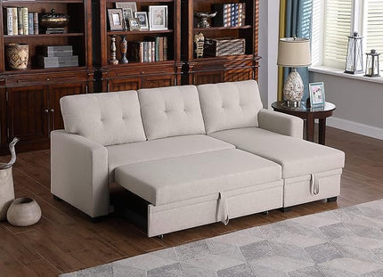 L Shaped Pull Out Sectional Sofa with Storage Chaise, 82 Inch Linen Upholstered Reversible Couch Sleeper Bed, for Living Room, Apartment and Office, Beige, 82 - LeafyLoom