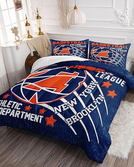 Datura home Basketball Comforter Sets for Boys Kids,Orange Blue Theme Basketball Championship American Style,Duvet 3Pcs in Quilt Sets with 1 Comforter and 2 Pillowcases(Orange Full) - LeafyLoom