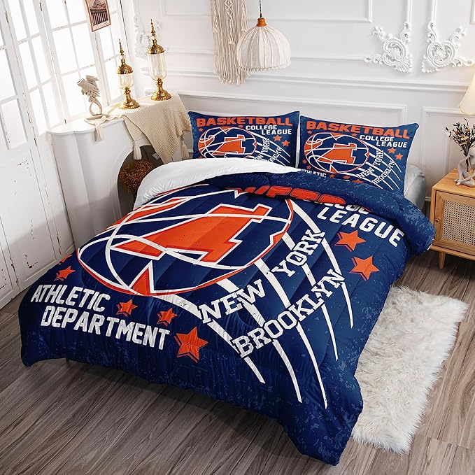 Datura home Basketball Comforter Sets for Boys Kids,Orange Blue Theme Basketball Championship American Style,Duvet 3Pcs in Quilt Sets with 1 Comforter and 2 Pillowcases(Orange Twin) - LeafyLoom