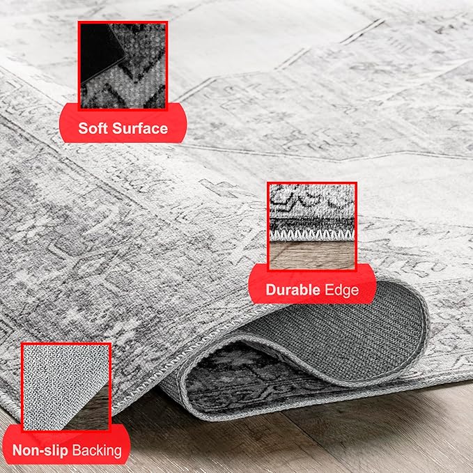 nuLOOM Gracie Distressed Medallion Machine Washable Ultra Thin Area Rug, 8x10, Grey - LeafyLoom