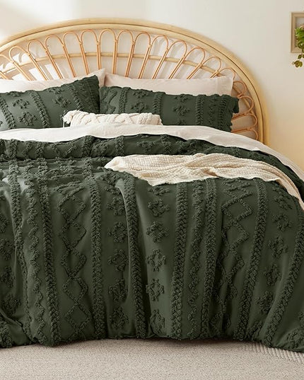 Bedsure Tufted Boho Comforter Set Full - Olive Green Boho Bedding Comforter Set, 3 Pieces Farmhouse Shabby Chic Embroidery Bed Set, Soft Jacquard Comforter for All Seasons - LeafyLoom
