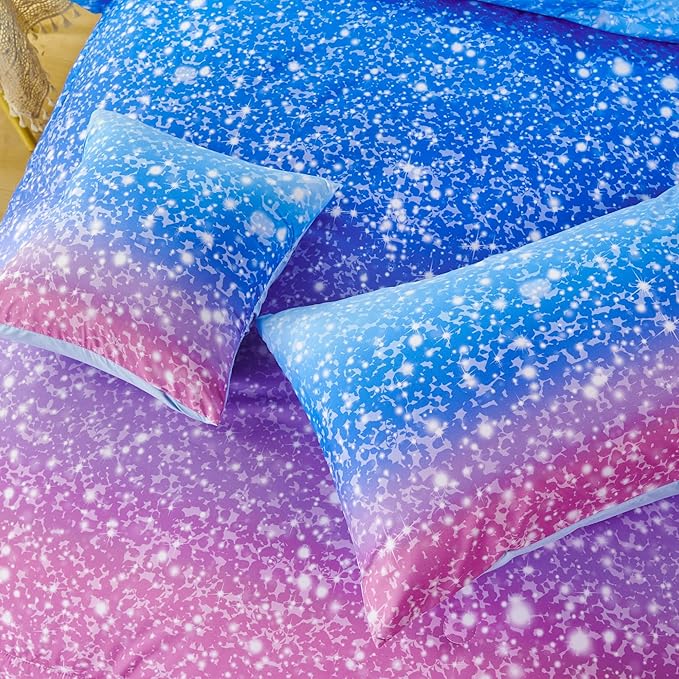 RYNGHIPY 6Pcs Sparkle Gradient Glitter Comforter Sets, Ombre Indigo Pink Gradient Bedding Set for Boys Girls, Rainbow Bed in A Bag Full Size - LeafyLoom