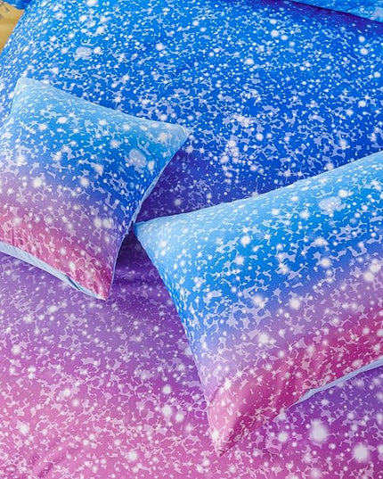 RYNGHIPY 6Pcs Sparkle Gradient Glitter Comforter Sets, Ombre Indigo Pink Gradient Bedding Set for Boys Girls, Rainbow Bed in A Bag Queen Size - LeafyLoom