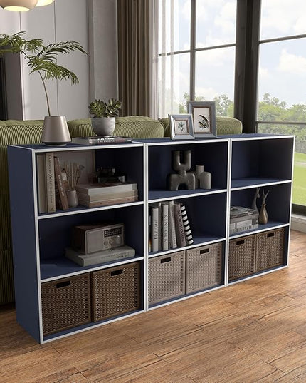 Apexa 3-Tier Cube Storage Organizer Shelves, Stackable Wood Bookcase Fits Cubby Bins for Organization, Dorm Teen Room Decor & Home Office, Steel Blue - LeafyLoom