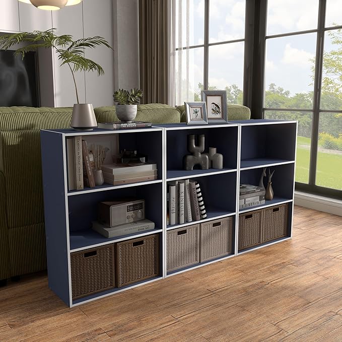 Apexa 3-Tier Cube Storage Organizer Shelves, Stackable Wood Bookcase Fits Cubby Bins for Organization, Dorm Teen Room Decor & Home Office, Steel Blue - LeafyLoom