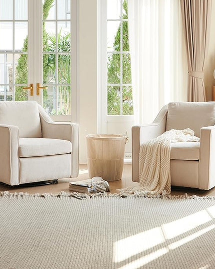 COLAMY 360° Swivel Accent Chair Set of 2, Upholstered Fabric Leisure Armchair with Lumbar Pillow for Living Room Bedroom Home Office, Beige - LeafyLoom