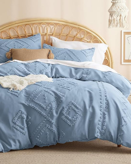 Bedsure Boho Comforter Set Queen - Mineral Blue Tufted Bedding Comforter Set, 3 Pieces Farmhouse Shabby Chic Embroidery Bedding Set, Soft Geometric Pattern Comforter for All Seasons - LeafyLoom