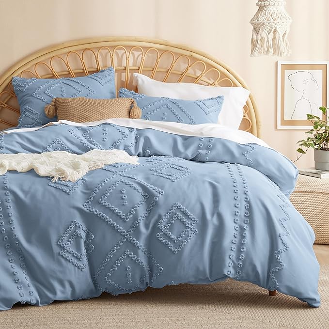 Bedsure Boho Comforter Set Full - Mineral Blue Tufted Bedding Comforter Set, 3 Pieces Farmhouse Shabby Chic Embroidery Bedding Set, Soft Geometric Pattern Comforter for All Seasons - LeafyLoom