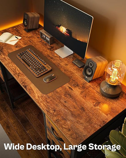 47 Inch Computer Desk with 4 Drawers, Office Desk with Mesh Shelf, Gaming Desk, Large Storage, Writing Desk Work Desk for Home Office, Study, Bedroom, Work from Home, Rustic Brown - LeafyLoom