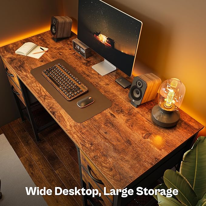 47 Inch Computer Desk with 4 Drawers, Office Desk with Mesh Shelf, Gaming Desk, Large Storage, Writing Desk Work Desk for Home Office, Study, Bedroom, Work from Home, Rustic Brown - LeafyLoom