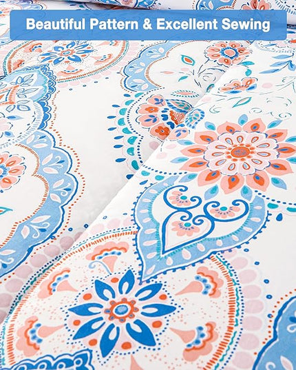 Printed Queen Bedding Sets with Comforter and Sheets, Lightweight Boho Floral 7 Piece Bed in A Bag Comforter Set for Women, Pink and Blue Mandala Flower Pattern - LeafyLoom