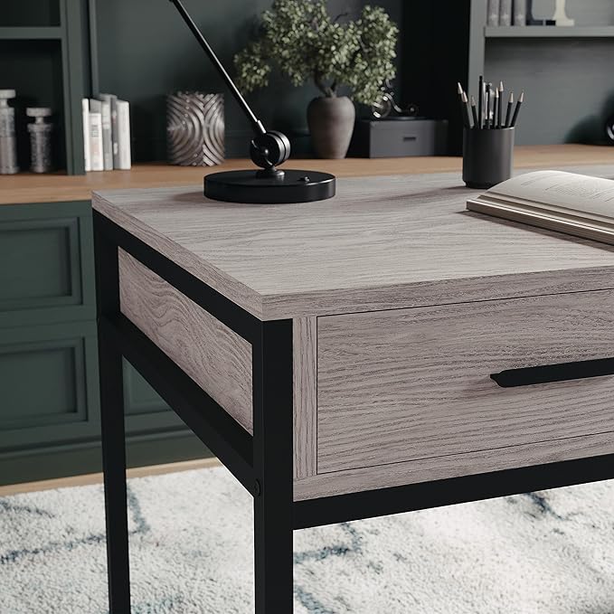 Martha Stewart Ollie Home Office Desk with 3 Drawers in Gray Wood Grain with Oil Rubbed Bronze Hardware - LeafyLoom