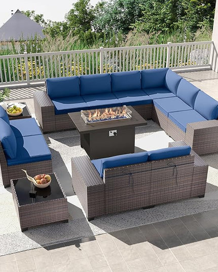 Kullavik 13PCS Outdoor Patio Furniture Set with 43" 55000BTU Gas Propane Fire Pit Table PE Wicker Rattan Sectional Sofa Patio Conversation Sets,Navy blue - LeafyLoom