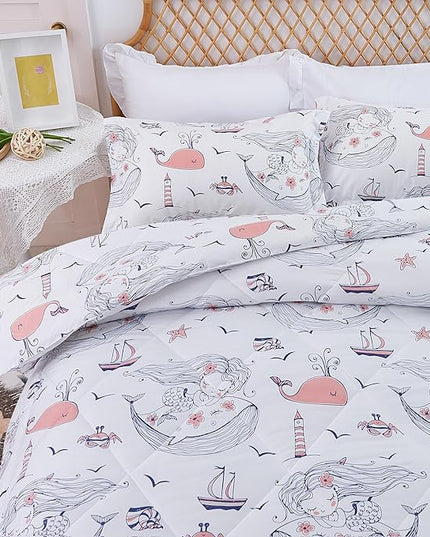 JSD Girls Mermaid Queen Comforter Set for Girls, 3 Piece Kids Printed Comforter with Pillow Shams, Soft Comfortable Machine Washable - LeafyLoom