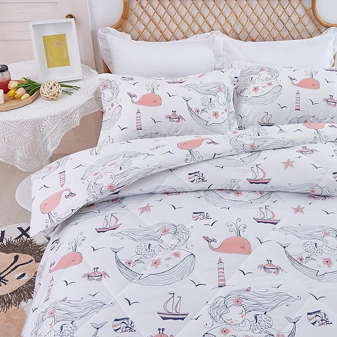 JSD Girls Mermaid Queen Comforter Set for Girls, 3 Piece Kids Printed Comforter with Pillow Shams, Soft Comfortable Machine Washable - LeafyLoom