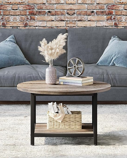 YITAHOME Round Coffee Table,Rustic Wood Coffee Tables for Living Room with Storage Shelf, Modern Farmhouse Circle Coffee Table Center with Sturdy Metal Legs Home Furniture, Grey Wash - LeafyLoom