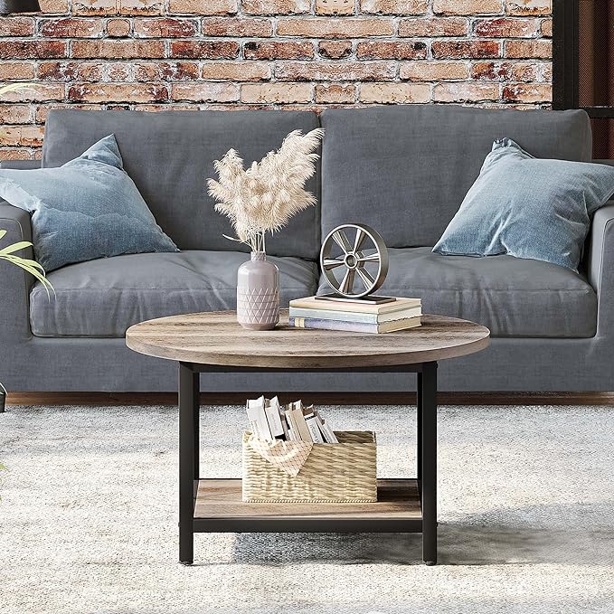 YITAHOME Round Coffee Table,Rustic Wood Coffee Tables for Living Room with Storage Shelf, Modern Farmhouse Circle Coffee Table Center with Sturdy Metal Legs Home Furniture, Grey Wash - LeafyLoom