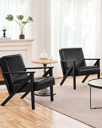 Yaheetech Accent Chair, Armchair with Strong Wood Frame, PU Leather Modern Retro Lounge Chair for Living Room/Lounge/Office/Reception Area, Black, 2 Pieces - LeafyLoom