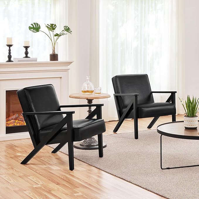 Yaheetech Accent Chair, Armchair with Strong Wood Frame, PU Leather Modern Retro Lounge Chair for Living Room/Lounge/Office/Reception Area, Black, 2 Pieces - LeafyLoom