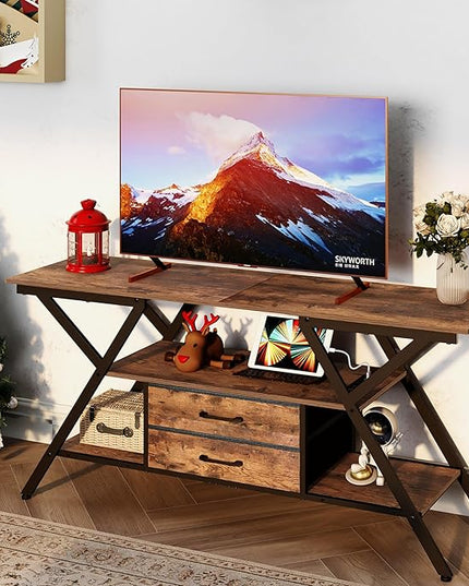 Modern 55" TV Stand with Power Outlet for TV up to 65 Inch, LED and 2 Storage Fabric Drawers, Entertainment Center with Charging Station for Living Room Bedroom (Rustic Brown) - LeafyLoom