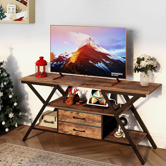 Modern 55" TV Stand with Power Outlet for TV up to 65 Inch, LED and 2 Storage Fabric Drawers, Entertainment Center with Charging Station for Living Room Bedroom (Rustic Brown) - LeafyLoom
