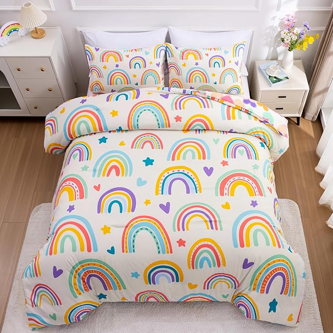 Btargot 3 Piece Kids Rainbow Comforter Set with 2 Pillow Covers, Cartoon Love Hearts Suns and Stars Bedding Set for Girls Boys Kids, Twin Beige - LeafyLoom