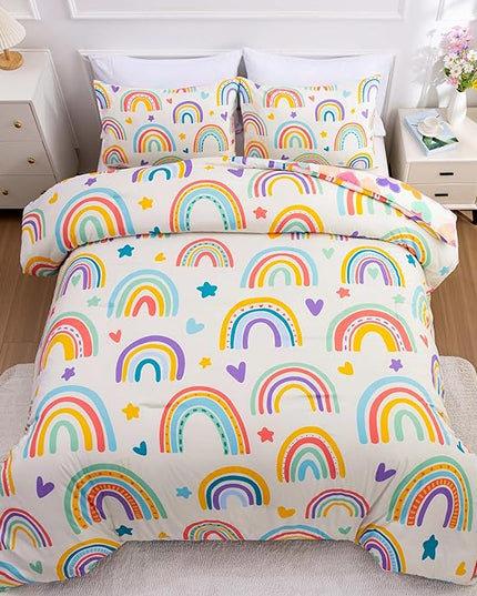 Btargot 3 Piece Kids Rainbow Comforter Set with 2 Pillow Covers, Cartoon Love Hearts Suns and Stars Bedding Set for Girls Boys Kids, Full Beige - LeafyLoom