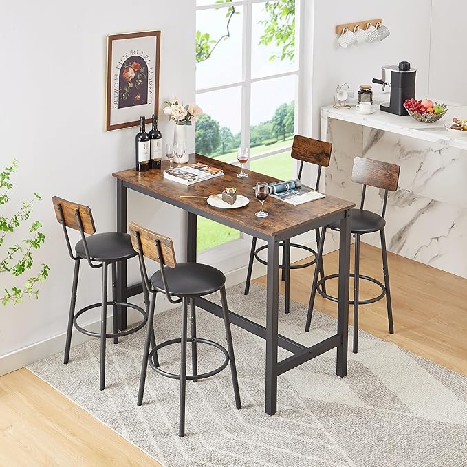 NicBex Dining Room Table Set for 4 Corner Dining Table Set Bar Table Set with 4 Bar Stools PU Soft Seat with Backrest Set for Kitchen, Dining Room, Dinette, Thicken Steel Frame, Rustic Brown - LeafyLoom