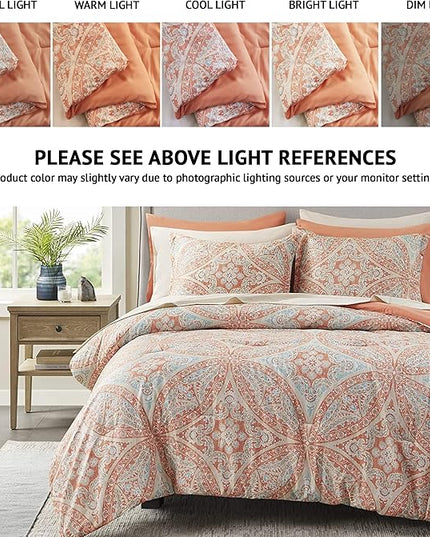 Comfort Spaces Bed in A Bag - Trendy Casual Design Cozy Comforter with Complete Sheet Set with Side Pocket, All Season Cover, Matching Shams, Full(80"x90"), Gloria, Damask Coral 9 Piece - LeafyLoom