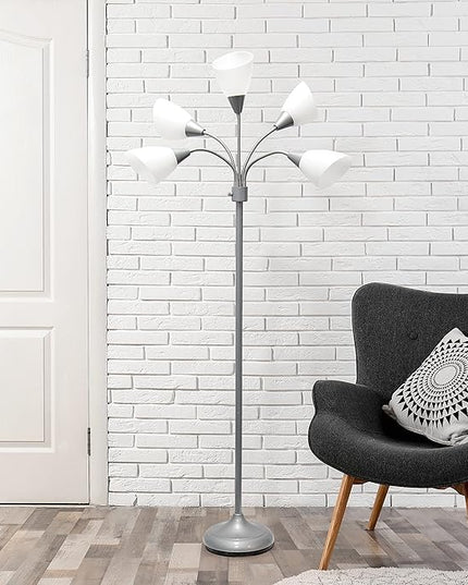Simple Designs LF2006-SVW 67" Contemporary Multi Head Medusa 5 Light Adjustable Gooseneck Silver Floor Lamp with White Shades for Kids Bedroom Playroom Living Room Office - LeafyLoom