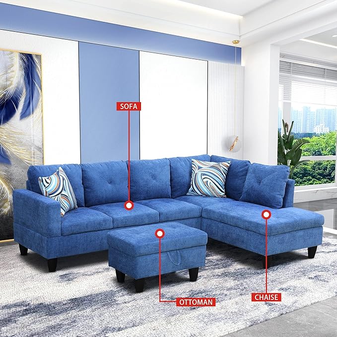 L-Shaped Sectional Couches with 66.5'' Chaise Lounge & Storage Ottoman Modular Room Sofas for Home Office Apartment, Large Living Furniture, 97'' Right Hand Facing, Blue Linen - LeafyLoom