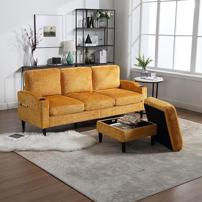 Convertible Sectional Sofa with Movable Storage Ottoman and Cupholders, 3 Seater L-Shaped Corner Couch,Chenille Upholstered Furniture w/Detachable Thicked Cushions for Living Room, Small Space - LeafyLoom