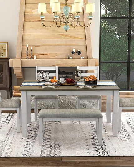 RITSU Rustic Style 6-Piece Dining Table Living Room,with 4 Upholstered Chairs,farmhouse or coastal chic decor Furniture Set,a Bench,Brown and Whitewash, Onesize - LeafyLoom
