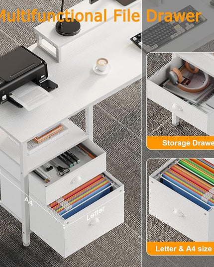 Furologee White 66" L Shaped Desk with Shelves, Reversible Corner Computer Desk with File Drawer & Dual Monitor Stand, Large Home Office Desk Writing Study Gaming Table Workstation - LeafyLoom