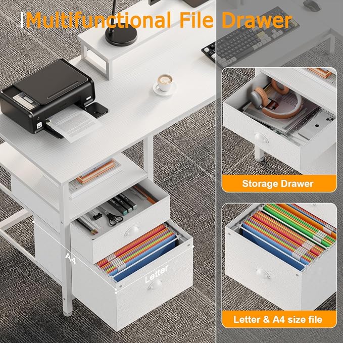 Furologee White 59” L Shaped Desk with Power Outlet, Reversible Computer Desk with File Drawer & 2 Monitor Stands, Corner Home Office Desk with Storage Shelves for Gaming Writing - LeafyLoom