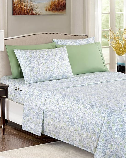 Elegant Comfort Softest and Coziest 6-Piece Sheet Set - 1500 Premium Hotel Quality Microfiber - Deep Pocket, Wrinkle Resistant 6-Piece Floral Bed Sheet Set, King, Anita Green - LeafyLoom