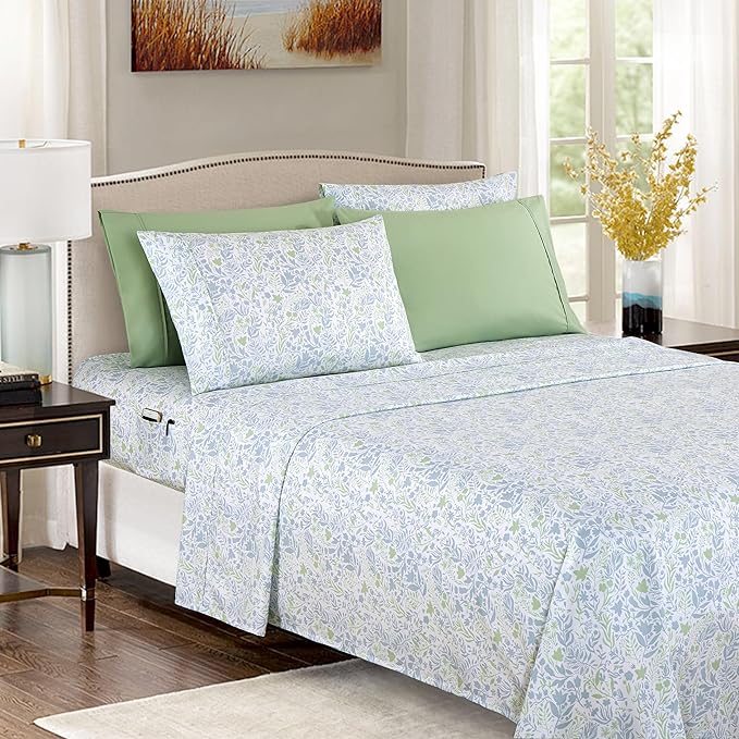 Elegant Comfort Softest and Coziest 6-Piece Sheet Set - 1500 Premium Hotel Quality Microfiber - Deep Pocket, Wrinkle Resistant 6-Piece Floral Bed Sheet Set, King, Anita Green - LeafyLoom