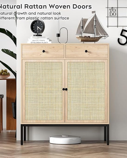 Brafab Rattan Cabinet Storage Sideboard Buffet Table Accent Console for Living Room Entryway Kitchen Dining Room 2 Drawers - LeafyLoom