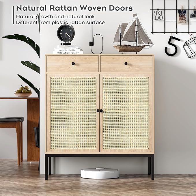 Brafab Rattan Cabinet Storage Sideboard Buffet Table Accent Console for Living Room Entryway Kitchen Dining Room 2 Drawers - LeafyLoom
