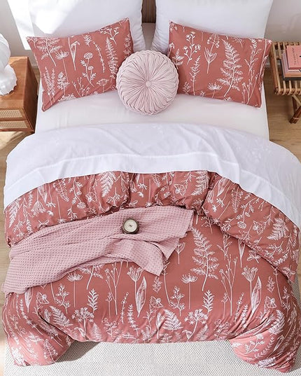 JANZAA Queen Comforter Comforters Queen Size GrayishPink Bedding Cute Floral Bed Set, Lightweight Soft Botanical Flower Comforter and 2 Pillow Cases All Season - LeafyLoom