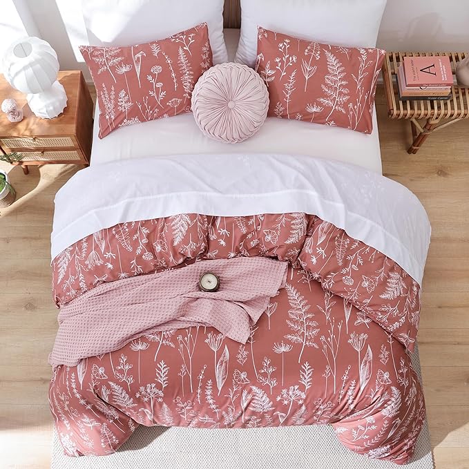 JANZAA Queen Comforter Comforters Queen Size GrayishPink Bedding Cute Floral Bed Set, Lightweight Soft Botanical Flower Comforter and 2 Pillow Cases All Season - LeafyLoom