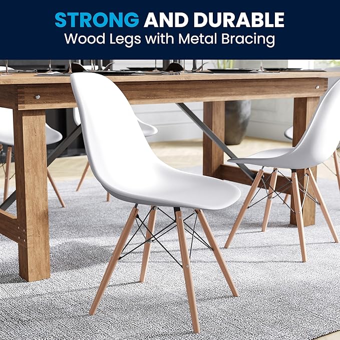 Flash Furniture Elon Series Plastic Modern Dining Chairs with Wooden Legs, Mid-Century Side Chairs for Dining Rooms and Offices, Set of 2, White - LeafyLoom