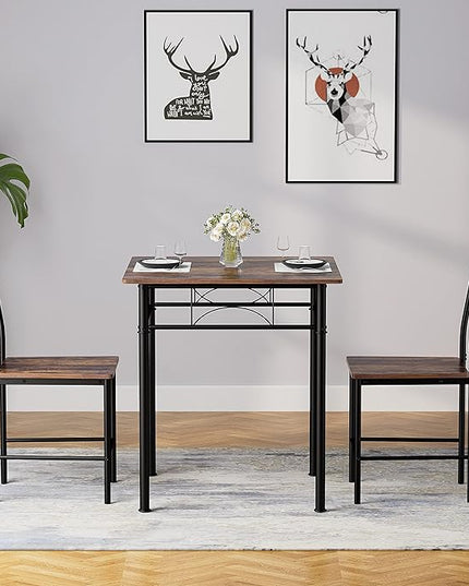 3-Piece Kitchen Dining Room Table Set for Small Spaces，Iron Wood Square Table with 2 Chairs for Kitchen Dining Room Furniture - LeafyLoom