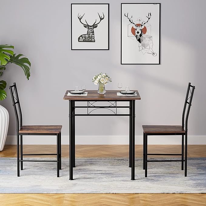 3-Piece Kitchen Dining Room Table Set for Small Spaces，Iron Wood Square Table with 2 Chairs for Kitchen Dining Room Furniture - LeafyLoom
