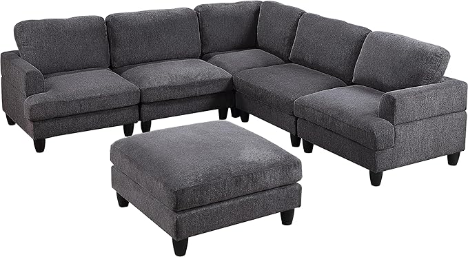 129.5" Modular Sectional Couch with Ottoman,6 Seat Chenille Corner Sofa with Seat Cushions Have a Built-in sSpring Pack,Multi-layered Plywood,for Living Room, Apartment, Bedroom, Office - LeafyLoom