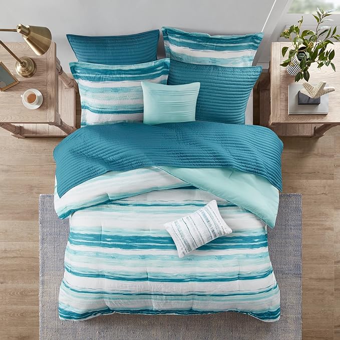 Madison Park Marina Comforter Quilt Combo Set - Modern Luxury Design, All Season Down Alternative Bedding, Matching Shams, Decorative Pillows, King/Cal King(104"x92"), Aqua 8 Piece - LeafyLoom