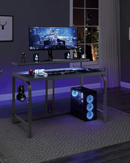 OSP Home Furnishings Reload Gaming Desk with Wireless Charging, USB Power Hub, and Remote Controlled RGB LED Lights, Matte Grey Carbon Fiber - LeafyLoom