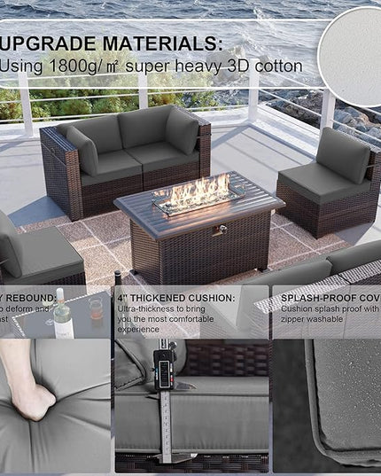 Kullavik 8 Pieces Outdoor Patio Furniture Set with 43" Gas Propane Fire Pit Table PE Wicker Rattan Sectional Sofa Patio Conversation Sets,Grey - LeafyLoom