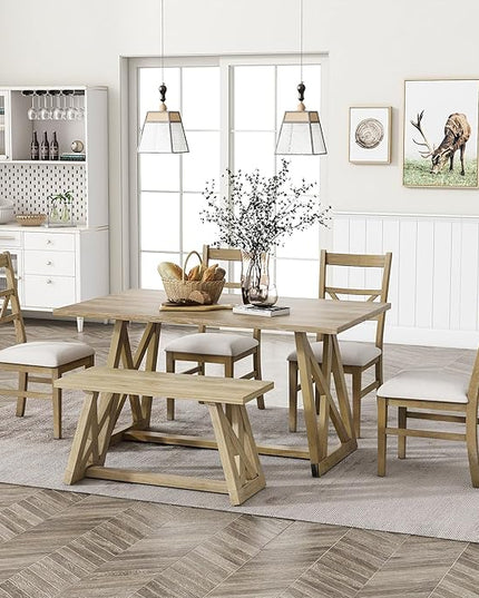 Merax Table Cross Legs, Kitchen Set with 4 Upholstered Dining Chairs and Solid Wood Bench, 6-Piece Farmhouse, Natural - LeafyLoom