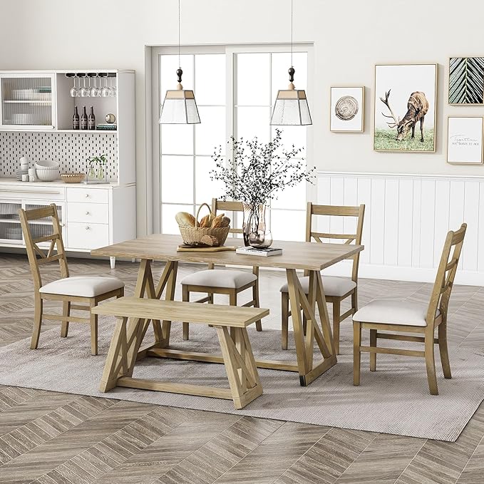 Merax Table Cross Legs, Kitchen Set with 4 Upholstered Dining Chairs and Solid Wood Bench, 6-Piece Farmhouse, Natural - LeafyLoom